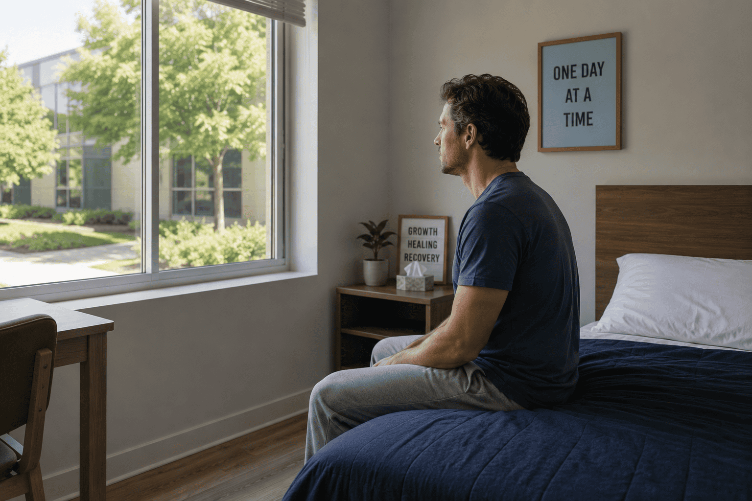 Person sitting on the edge of a bed in an inpatient addiction treatment room, looking out the window with a calm, neutral expression, representing reflection and the recovery process.