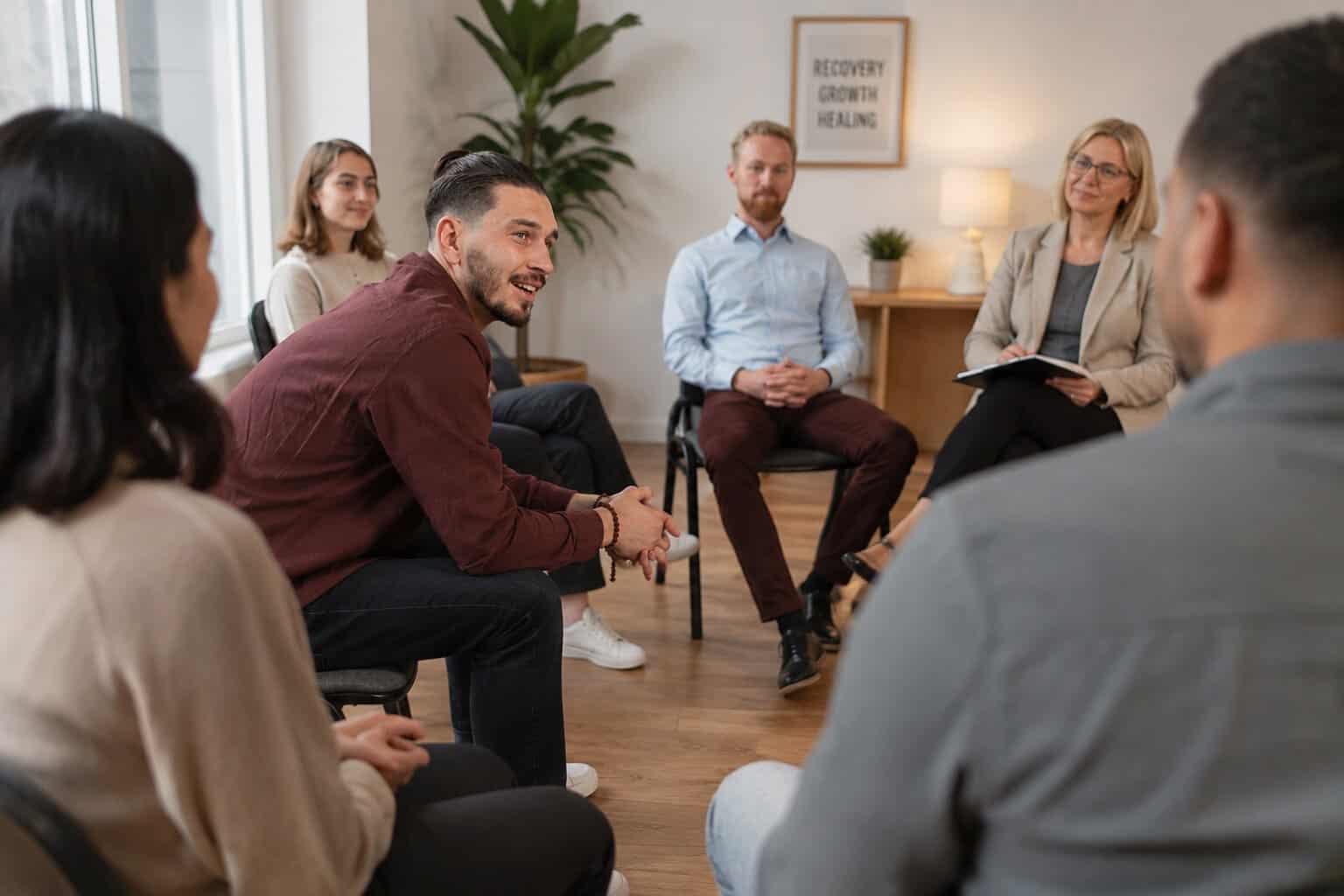 People participating in an outpatient addiction treatment group, seated in a circle and engaging in a supportive therapy discussion led by shared conversation in a comfortable counseling room.
