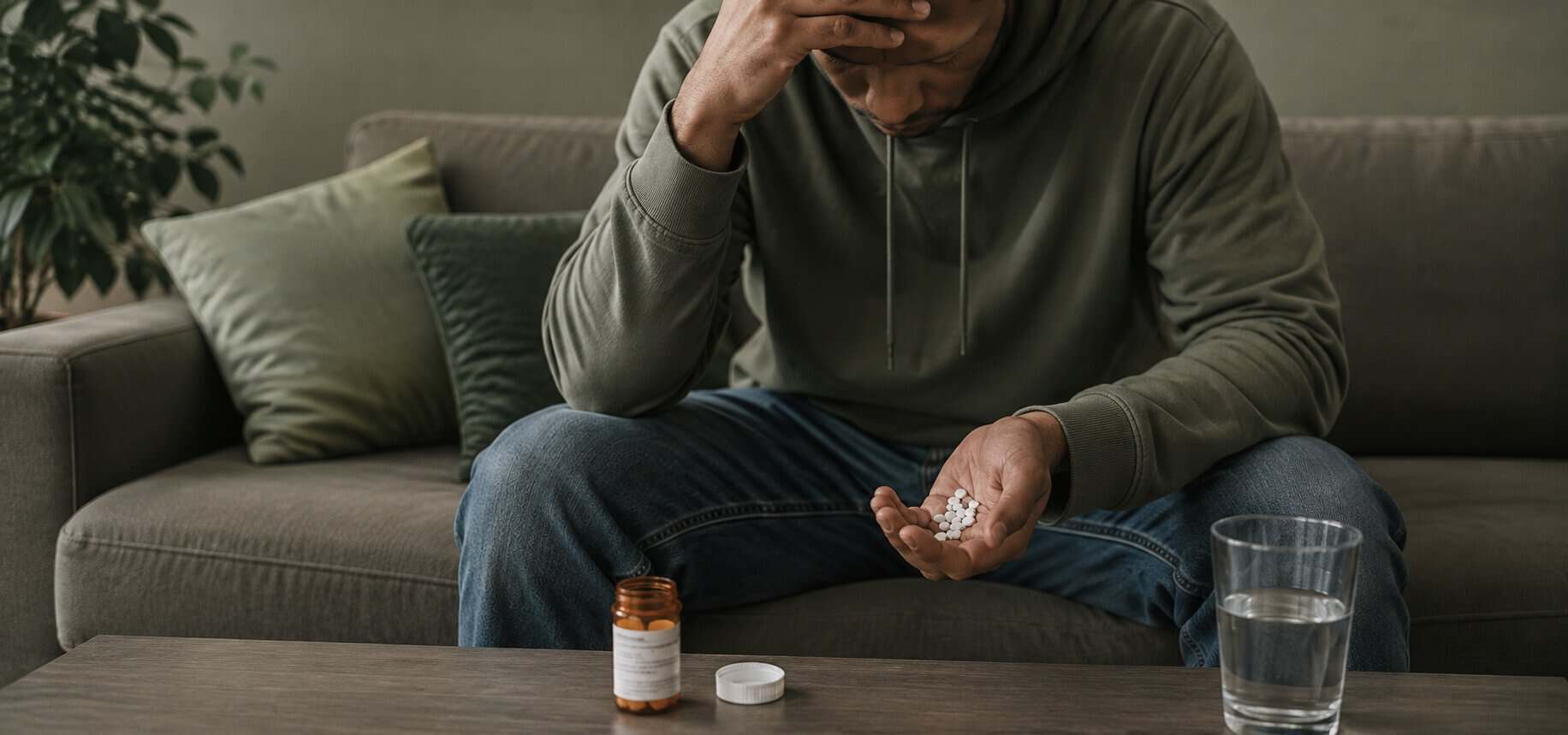Person sitting on a couch with their head lowered while holding several white pills in one hand, with an open prescription bottle and a glass of water on the table in front of them for an article about signs of fentanyl addiction.