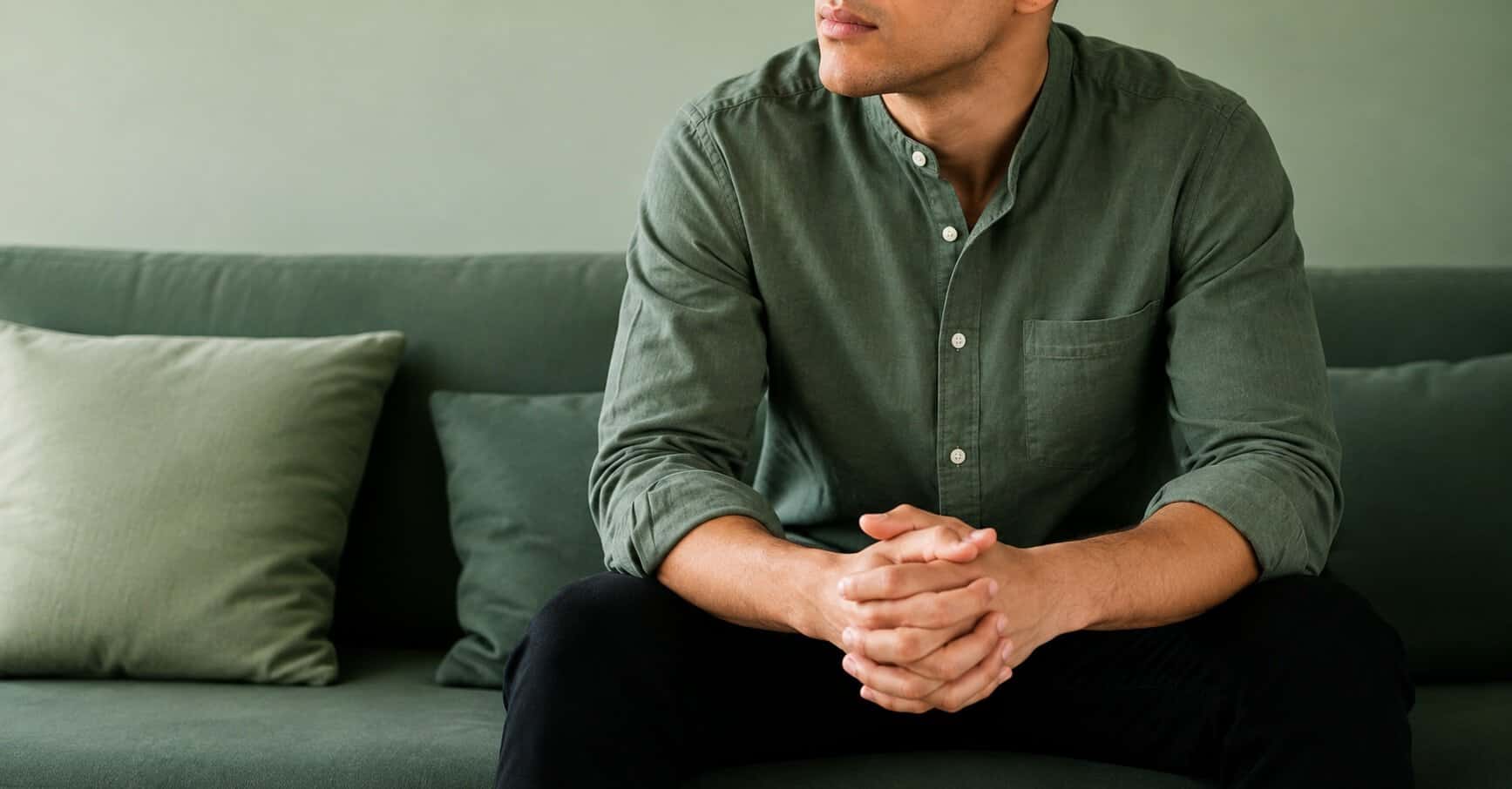 Person sitting on a green sofa with clasped hands, looking off to the side, for an article about fentanyl side effects.