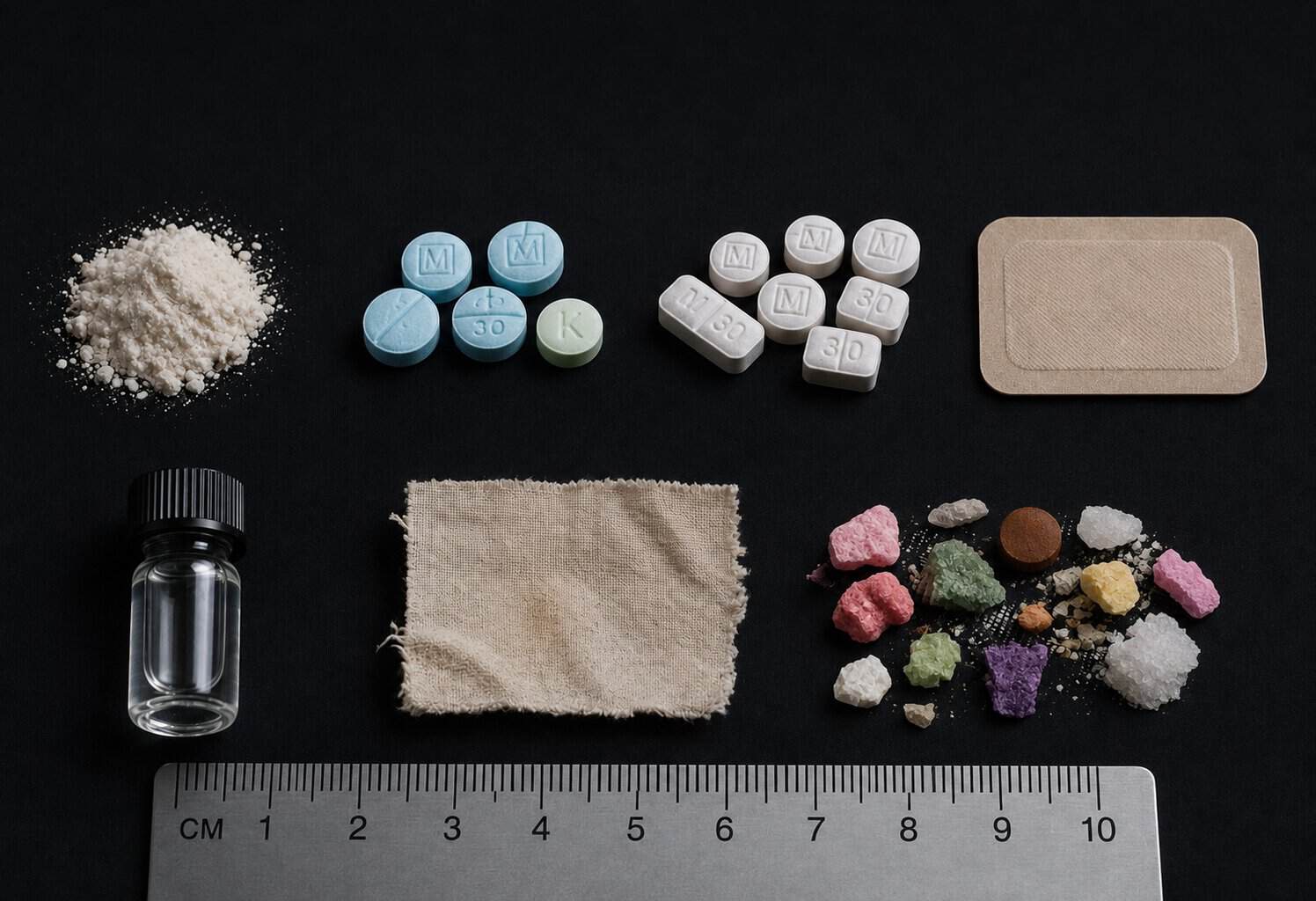 Flat lay showing examples of substances and forms associated with fentanyl, including white powder, tablets, pressed pills, a transdermal patch, a small vial of liquid, material that may be laced with fentanyl, and colorful drug samples, arranged on a black background with a ruler for scale.