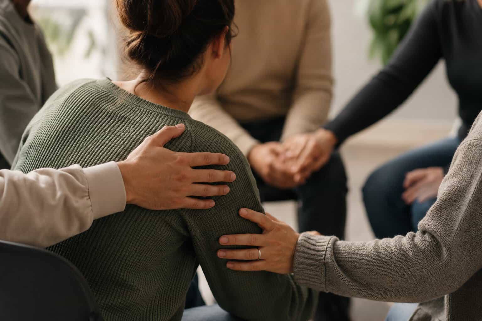 People in a support group placing comforting hands on another participant during a group discussion about recovery and substance use.