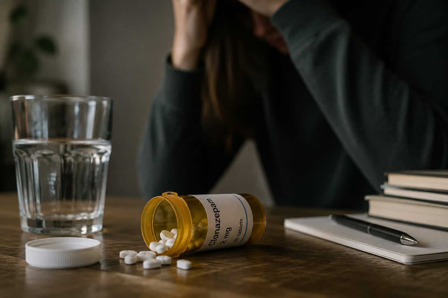 Prescription bottle with white tablets on a wooden table next to a glass of water, with a person sitting in the background holding their head for an article about signs of benzodiazepine addiction.