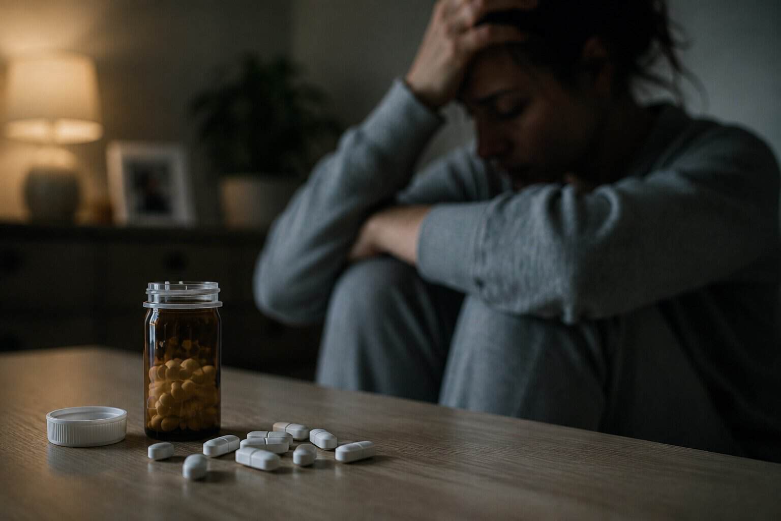 Prescription bottle and scattered white tablets on a table with a blurred person sitting in the background for an article about signs of benzodiazepine addiction.